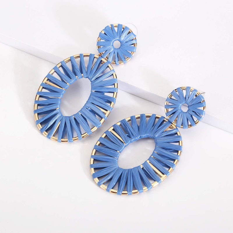BaubleStar Kiera Raffia Tassel Fringe Rattan Hoop Drop Statement Earrings for Women Blue Tiered Thread Handmade Round Oval Cirle Dangle Fashion Jewelry - Image 3
